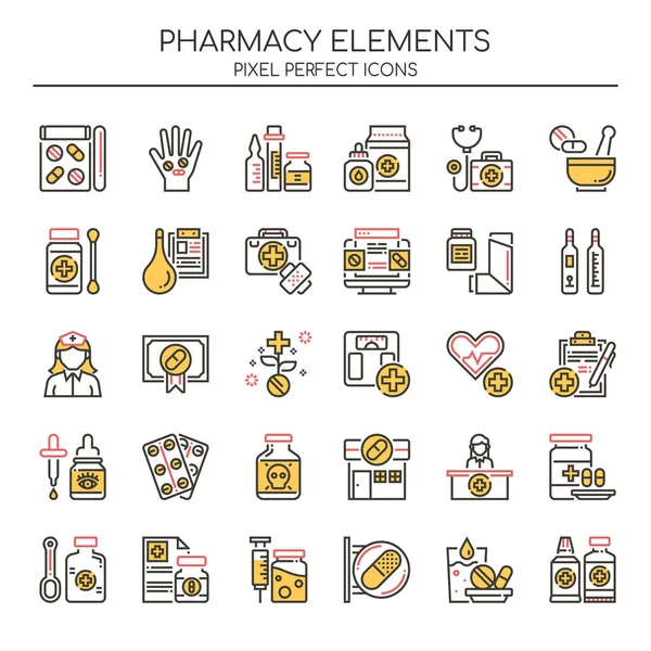 Elementos de Farmacia, Línea Delgada y Pixel Icono Perfecto — Archivo Imágenes Vectoriales