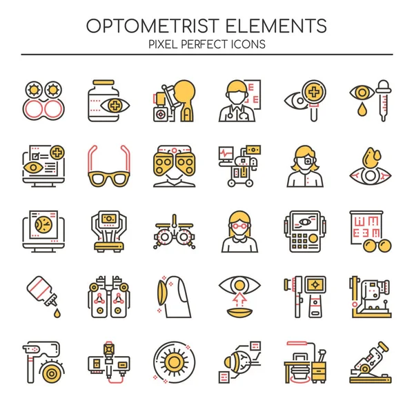 Elementi optometrici, linea sottile e icona perfetta pixel — Vettoriale Stock