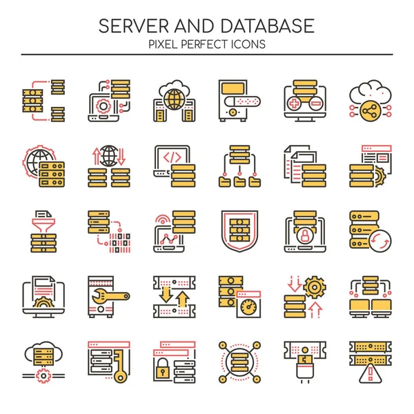 Servidor y base de datos, línea delgada y píxel Icono perfecto — Vector de stock