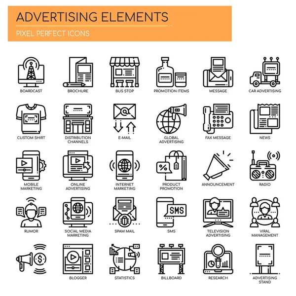 Elementos publicitários, linha fina e ícone perfeito do pixel —  Vetores de Stock