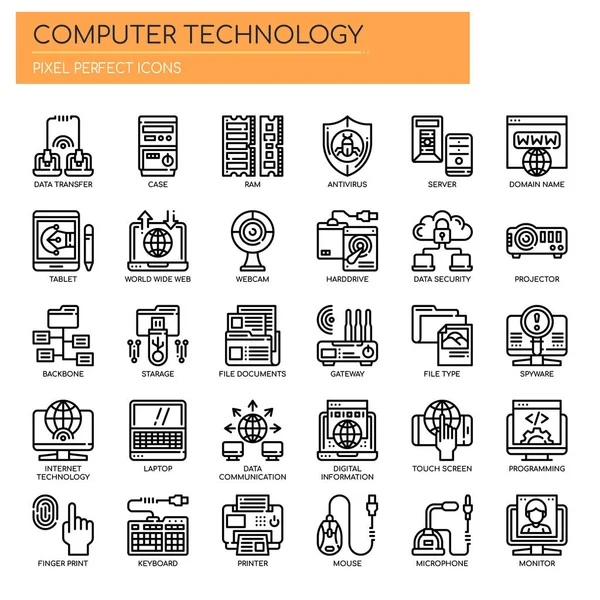 计算机技术、细线和Pixel完美图标 — 图库矢量图片