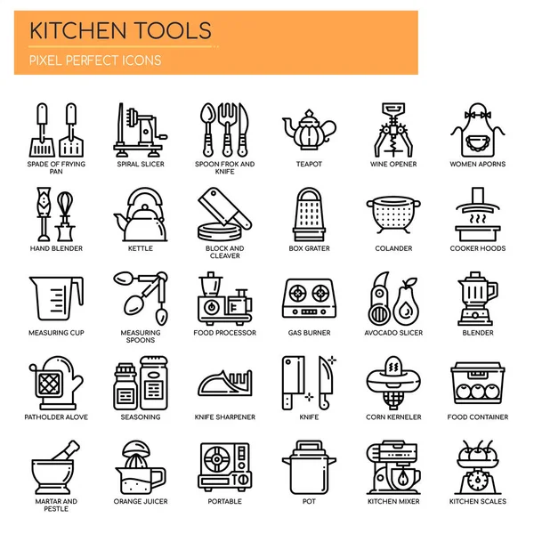 Εργαλεία κουζίνας, λεπτή γραμμή και Pixel τέλειο εικονίδιο — Διανυσματικό Αρχείο