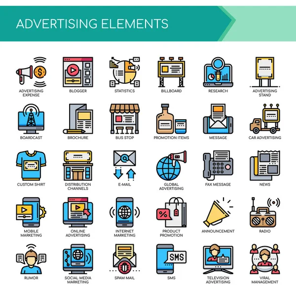 Elementos publicitarios, línea delgada y píxel Icono perfecto — Archivo Imágenes Vectoriales