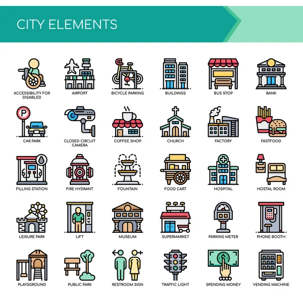 Elementos de la Ciudad, Línea Delgada y Pixel Icono Perfecto — Vector de stock