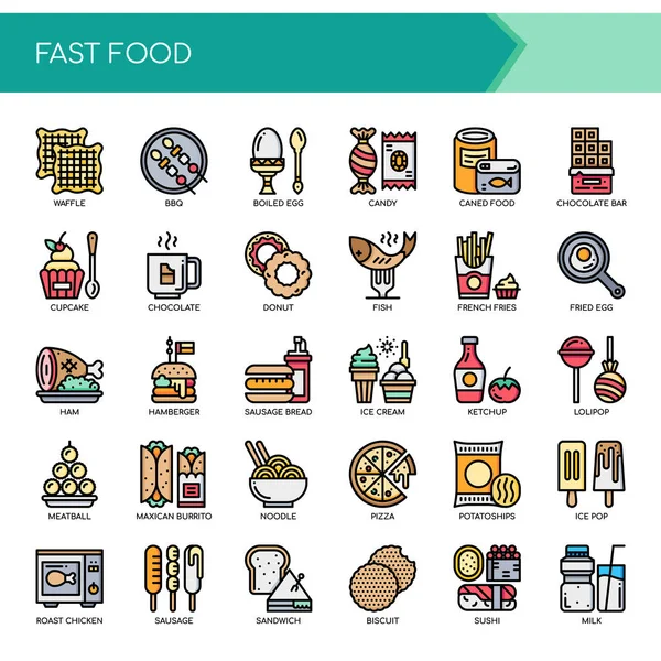 Fast Food Elementleri, İnce Hat ve Piksel Mükemmel Simge — Stok Vektör