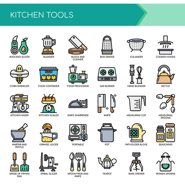 Outils de cuisine, ligne mince et icône parfaite pixel — Image vectorielle