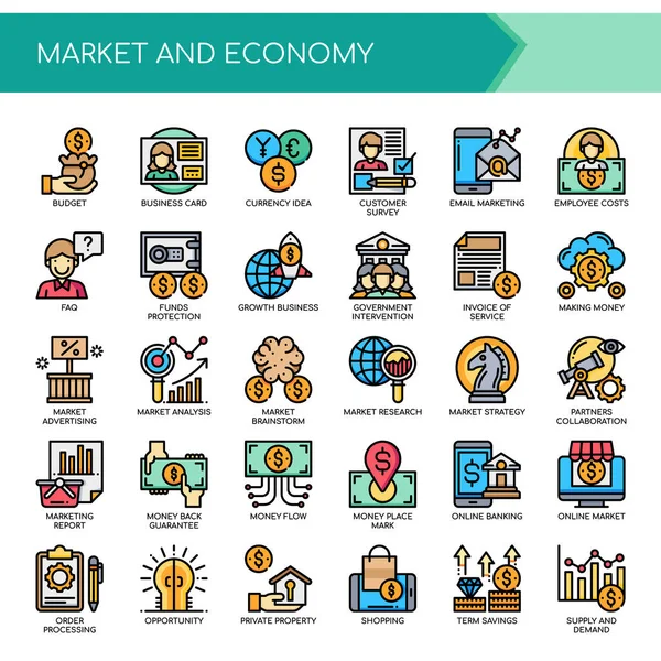 Mercato ed economia, linea sottile e icona perfetta pixel — Vettoriale Stock