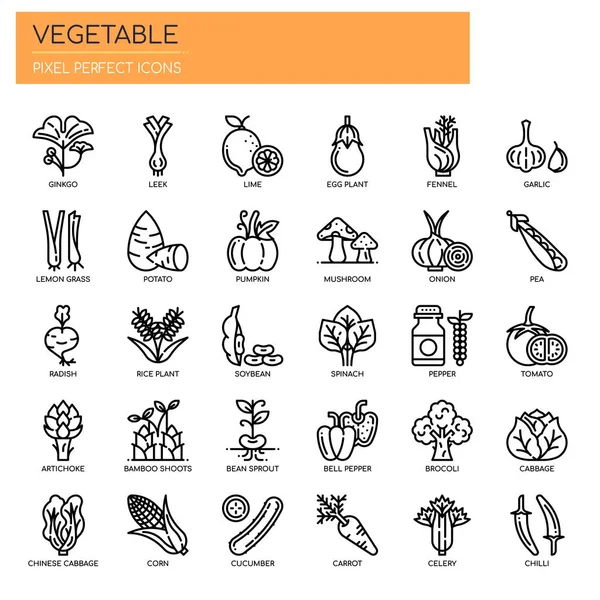 野菜、細い線とピクセル完璧なアイコン — ストックベクタ