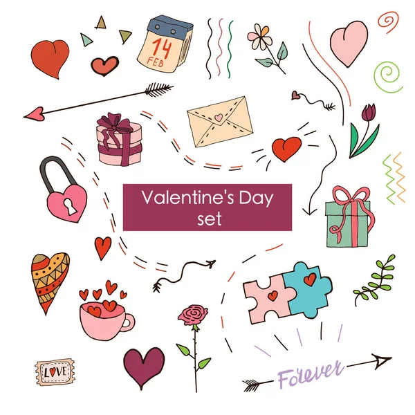 Wat Krabbels Voor Valentijnsdag Vector Illustratie Gekleurde Set Doodles — Stockvector