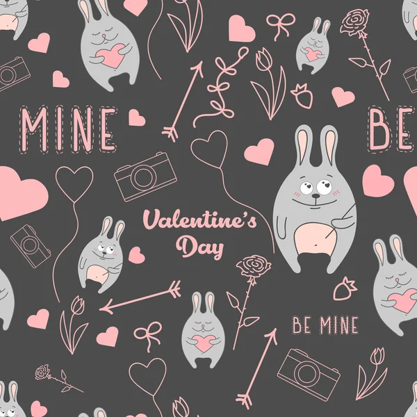 Valentinstag Nahtloser Hintergrund Meins Sein Dunkler Hintergrund Kaninchen — Stockvektor