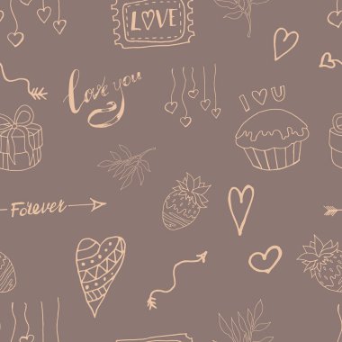 Şenlikli, kusursuz desen. Sevgililer Günü deseni. Vektör çizimi. Kahve rengi arka plan. Altın özet.