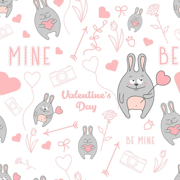 Valentinstag Nahtloser Hintergrund Meins Sein Weißer Hintergrund Kaninchen — Stockvektor