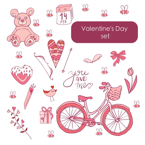 Valentinstag Vektorillustration Kritzeleien Rosa Set — Stockvektor