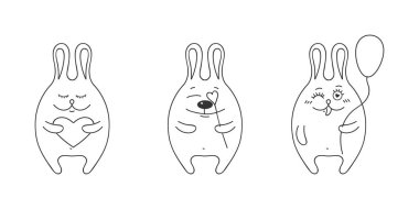 Sevgililer Günü için çizim. Birbirine aşık tavşanlar. Devre. Vektör illüstrasyonu.