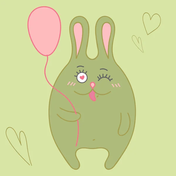 Illustration För Alla Hjärtans Dag Rolig Kanin Med Ballong Grön — Stock vektor