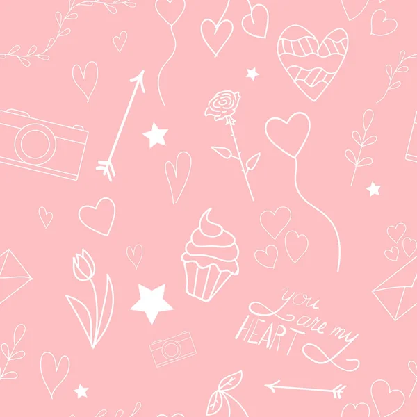 Valentinstag Vektormuster Weißer Hintergrund Pinkfarbener Umriss Nahtloser Hintergrund — Stockvektor