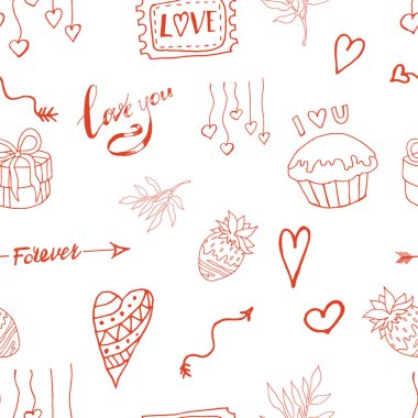 Şenlikli, kusursuz desen. Sevgililer Günü deseni. Vektör çizimi. Beyaz arka plan. Kırmızı çizgi.