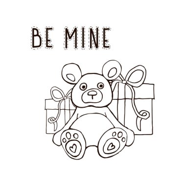 Kartpostal Sevgililer Günü. Benim ol. Oyuncak ayı. Hediyeler dağı. Vektör çizimi. Kartpostal ekle.