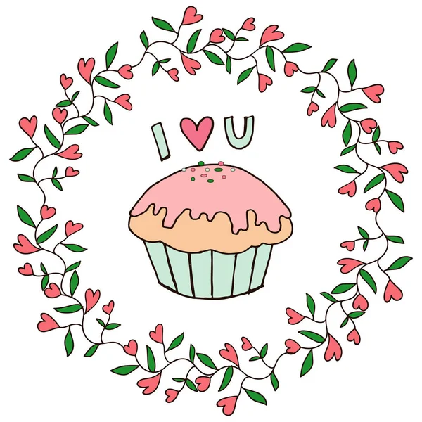 Postkarte Valentinstag Ich Liebe Dich Festlicher Cupcake Kranz Muster Vektorillustration — Stockvektor