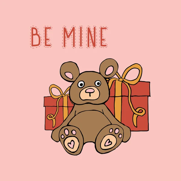 Postkarte Valentinstag Sei Meins Teddybär Berg Von Geschenken Vektorillustration — Stockvektor