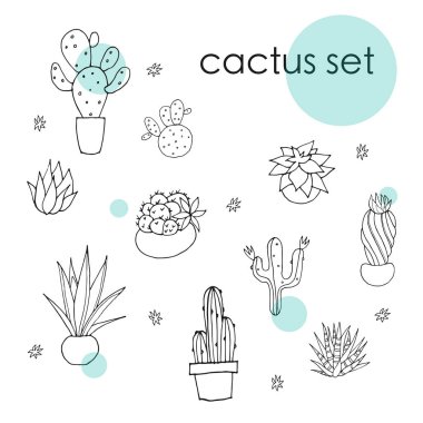  Bir set boyalı kaktüs. Vektör çizimi. Kaktüs ayarlandı..