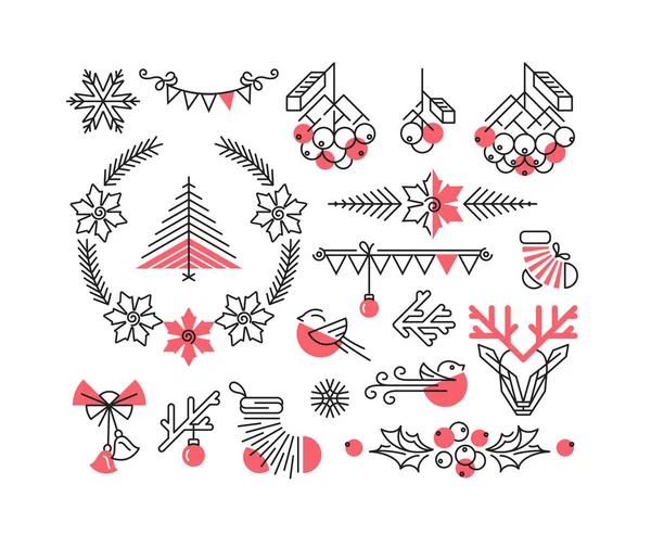 Set Van Lijn Winter Kerstmis Pictogrammen Decoraties Nieuwjaar Geïsoleerde Twee — Stockvector