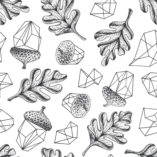 秋のオークの森のシームレスな植物パターン 幾何学的要素を持つ葉やアコーン ベクトルハンド描かれた背景 — ストックベクタ