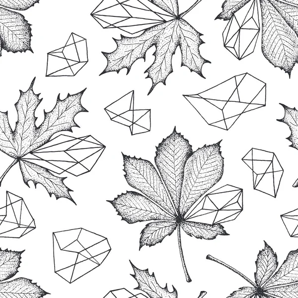 Monochromatisches Nahtloses Botanisches Muster Blätter Mit Geometrischen Elementen Vektor Handgezeichneten — Stockvektor
