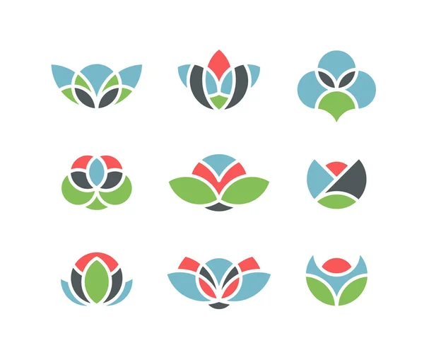 几何图形花卉的标志 花卉和花卉图标 一组孤立的符号 只有颜色形状 矢量中没有白线 — 图库矢量图片