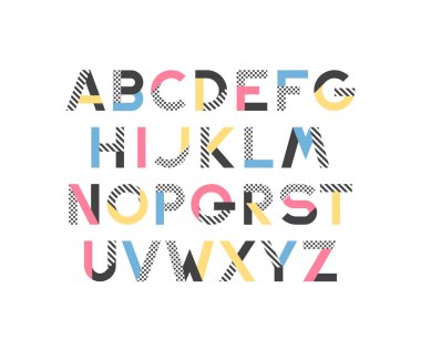 Geometrik kalıp ve renk blokları Latince yazı tipi, pop sanatının grafiksel dekoratif tipi. 