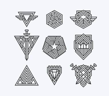 Soyut vektör geometrik sembolleri, çizgi logotipleri ve tasarım elemanları paketi. 