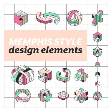 Set of vector geometrical shapes in Memphis style, isometric color, pattern and outline design elements.  clipart