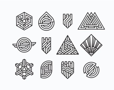 Soyut vektör geometrik sembolleri, çizgi logotipleri ve tasarım elemanları paketi. 