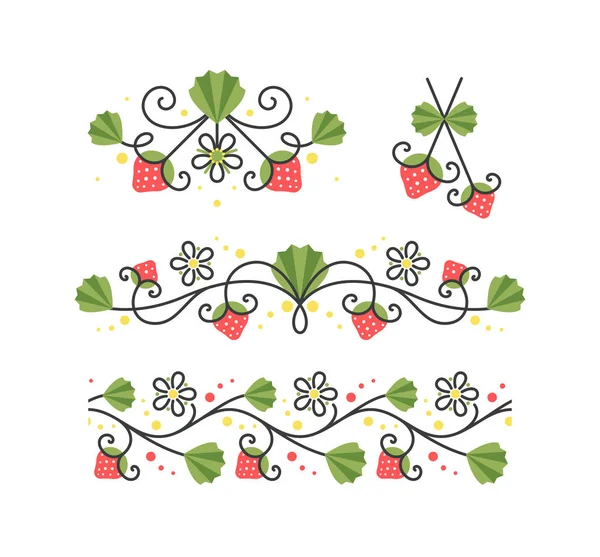 Vector Isolated Strawberry Headers Symbols Flat Decorations Seamless Ornamental Border — Stock Vector