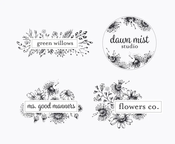 Graphical Floral Labels Hand Drawn Flowers Leafs Botanical Logo Vector — Stock Vector