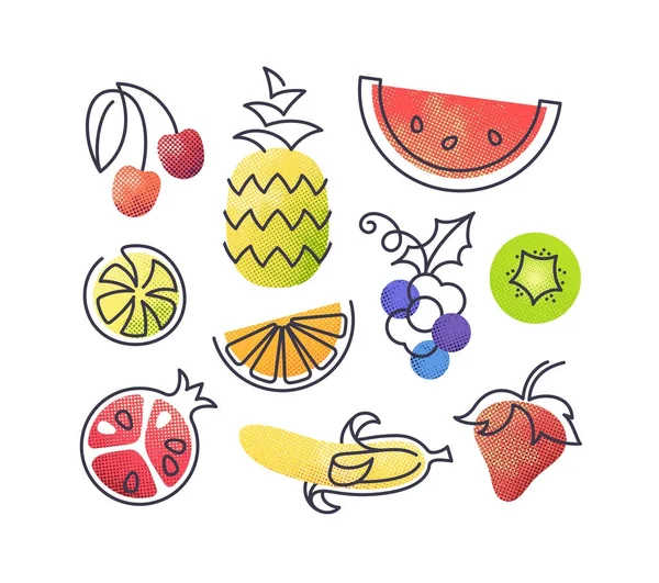 Bunte Vektorsymbole Reihe Von Früchten Isolierte Kreative Gestaltung Gesunde Lebensobjekte — Stockvektor