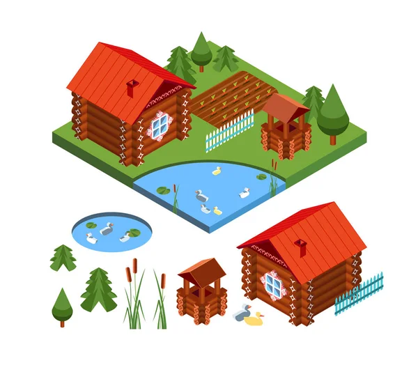Vector slavic historical house, ancient traditional building, izba. Country private farming home isometric illustration and set of design elements. — Stock Illustration Vector Slavic Historical House Ancient Traditional Building Izba Country Private Stock Illustration