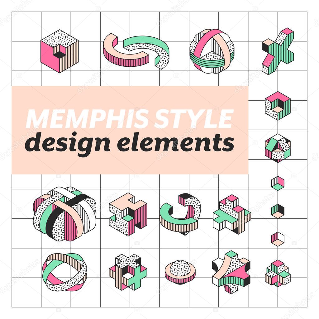 Set of vector geometrical shapes in Memphis style, isometric color, pattern and outline design elements. 