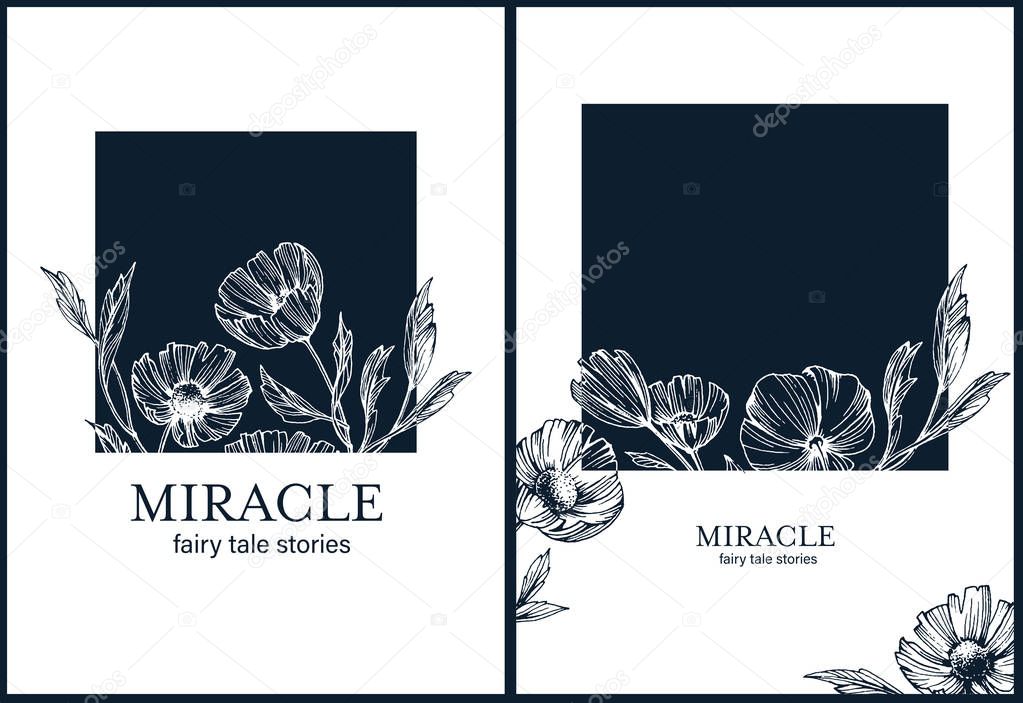 Floral botanical backgrounds with abstract hand drawn flowers and leafs. Decorative botanical cover, package, print. Vector frame, card or invitation.  