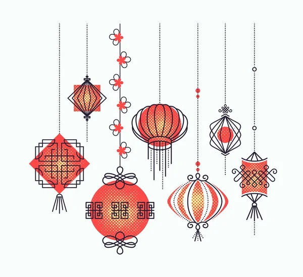 亚洲街道和节日灯笼的矢量集 — 图库矢量图片