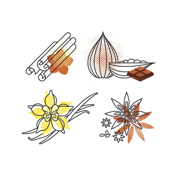 Set van monoline en halftone-kleur iconen voor specerijen — Stockvector
