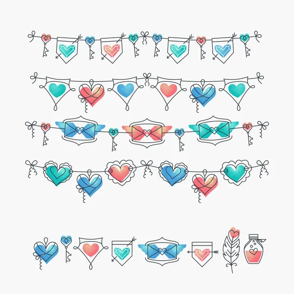 Set of isolated love theme icons and bunting — Stock Vector
