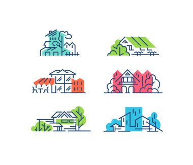 Çizgi ve renk ev, binalar kavramları. Kentsel cityscapes