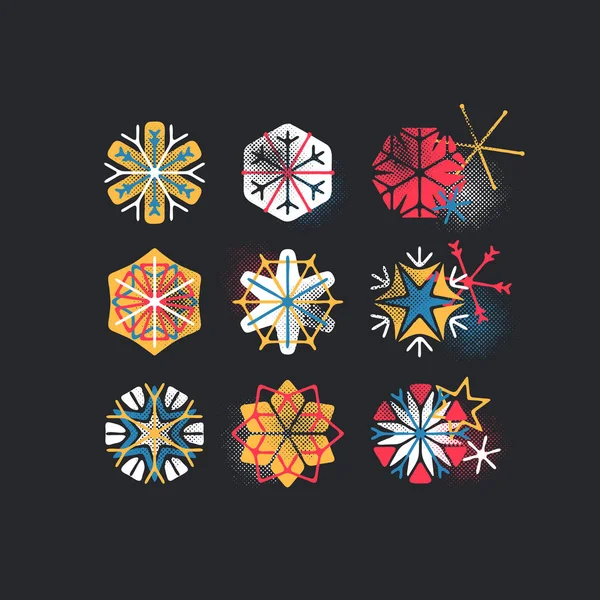 Set of color stylized and textured snowflakes — Stock Vector