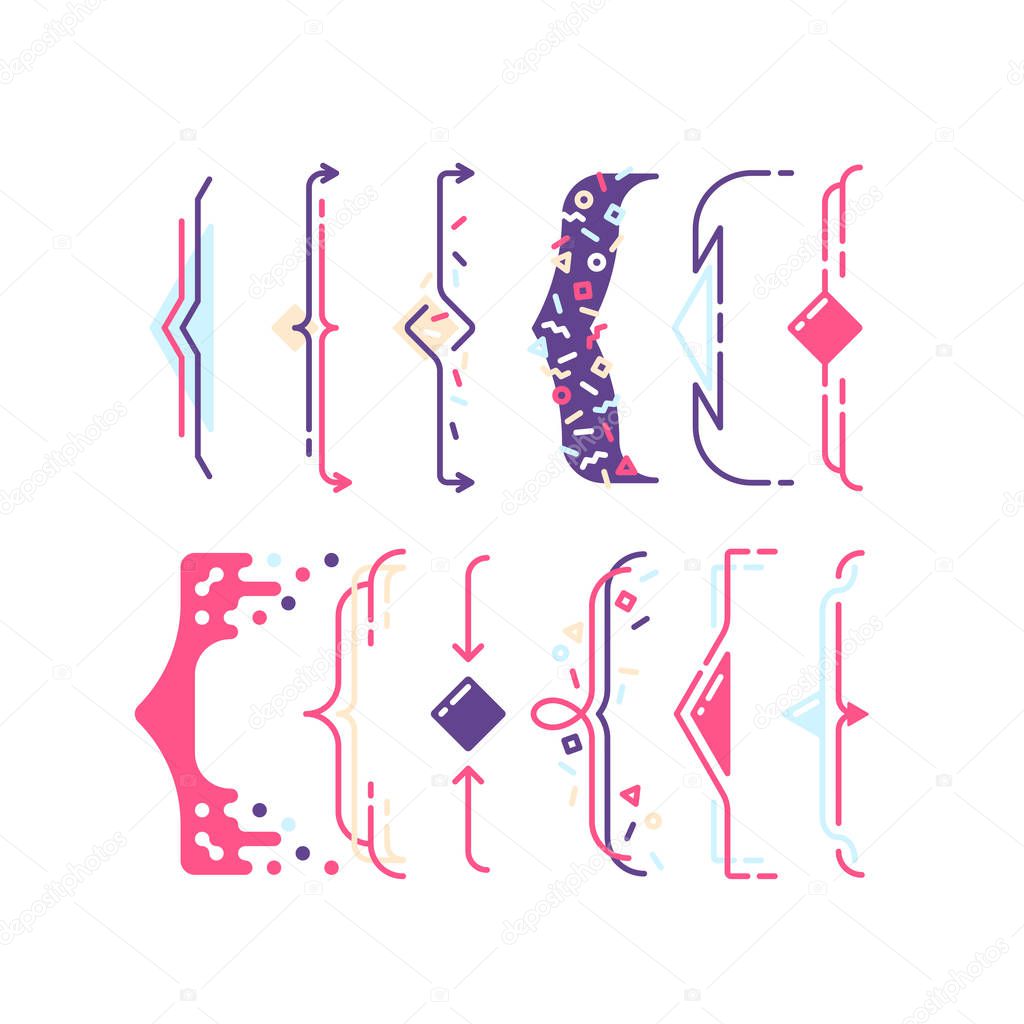 Set of line color pop art graphical braces, brackets.