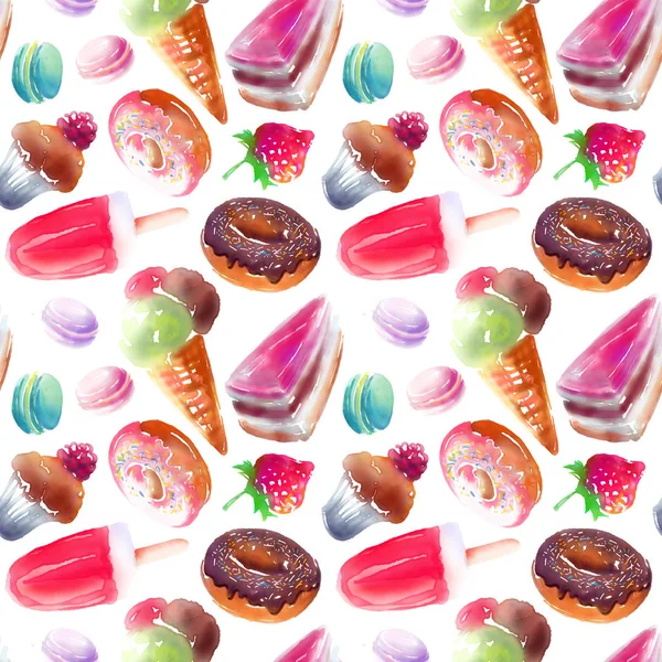 Akvarell sötsaker och bakverk sömlös bakgrund — Stockfoto