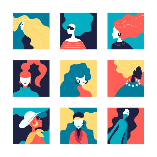 Vector set of stylized women, creative color avatars. — Stock Vector