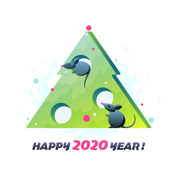 Modern flat illustration with New Year tree and symbol of 2020 year - mouse — Stock Vector