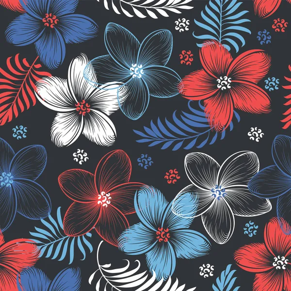 Motif floral vectoriel bleu, blanc et rouge sans couture — Image vectorielle