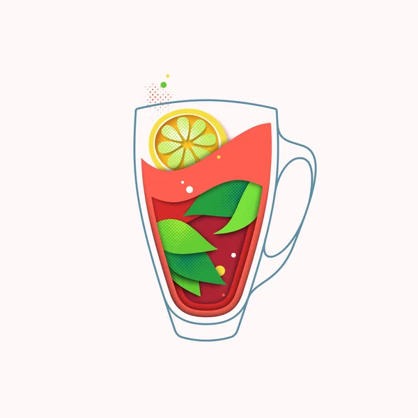 Zwarte thee met citroen creatieve illustratie, hete kruidendrank — Stockvector